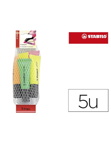 Surligneur stabilo néon pointe biseautée tracé 2/5mm forme tube coloris 2 jaune 1 vert 1 orange 1 rose filet 5 unités.