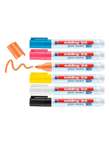 Marqueur edding 95 pour verre pointe ronde trace 1,5 a 3mm coloris assortis.