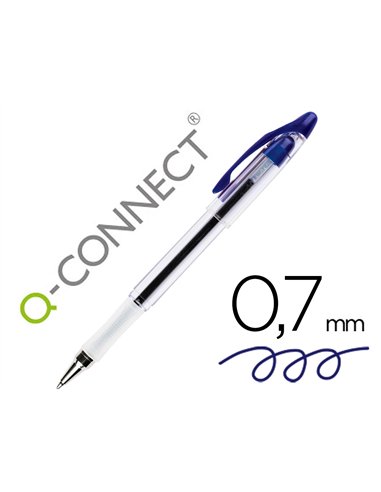 Stylo-bille q-connect transparent trait 0.4mm pointe moyenne 0.7mm encre douce grip caoutchouc coloris bleu.