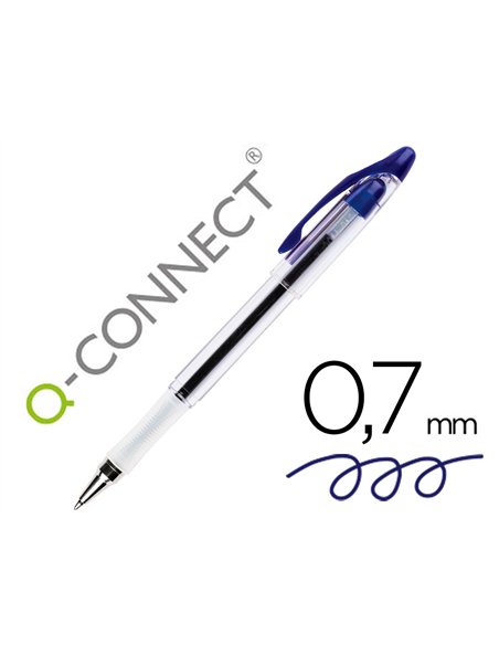 Stylo-bille q-connect transparent trait 0.4mm pointe moyenne 0.7mm encre douce grip caoutchouc coloris bleu.