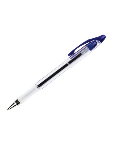 Stylo-bille q-connect transparent trait 0.4mm pointe moyenne 0.7mm encre douce grip caoutchouc coloris bleu.