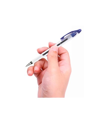 Stylo-bille q-connect transparent trait 0.4mm pointe moyenne 0.7mm encre douce grip caoutchouc coloris bleu.