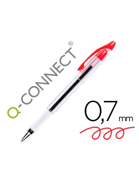 Stylo-bille q-connect transparent trait 0.4mm pointe moyenne 0.7mm encre douce grip caoutchouc coloris rouge.