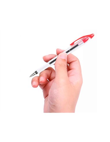 Stylo-bille q-connect transparent trait 0.4mm pointe moyenne 0.7mm encre douce grip caoutchouc coloris rouge.