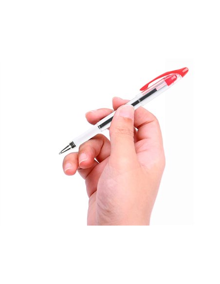 Stylo-bille q-connect transparent trait 0.4mm pointe moyenne 0.7mm encre douce grip caoutchouc coloris rouge.