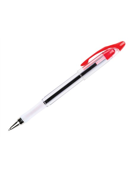 Stylo-bille q-connect transparent trait 0.4mm pointe moyenne 0.7mm encre douce grip caoutchouc coloris rouge.