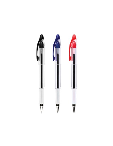 Stylo-bille q-connect transparent trait 0.4mm pointe moyenne 0.7mm encre douce grip caoutchouc coloris rouge.
