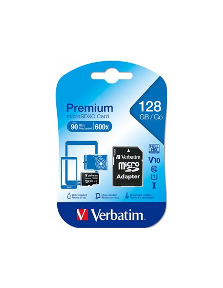 Micro sdhc verbatim 128gb classe 10 avec adaptateur ideal videos qualite cinema hd 3d vitesse ecriture.