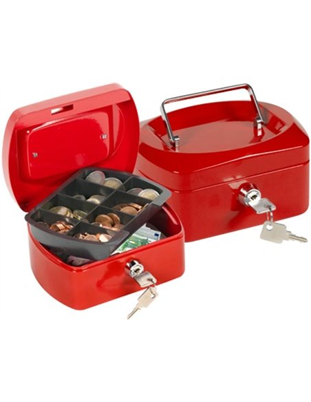 Caisse monnaie q-connect structure acier 0.8mm épaisseur plateau amovible espace billets 152x80x115mm coloris rouge.