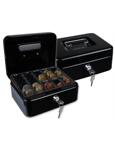 Caisse monnaie q-connect structure acier 0.8mm épaisseur plateau amovible espace billets 200x160x90mm coloris noir.