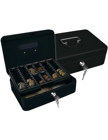Caisse monnaie q-connect structure acier 0.8mm épaisseur plateau amovible espace billets 250x180x90mm coloris noir.
