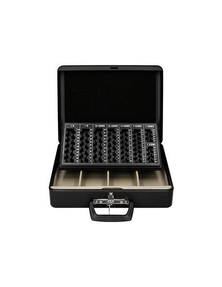 Caisse monnaie q-connect structure acier 0.8mm épaisseur plateau amovible espace billets 370x110x290mm coloris noir.