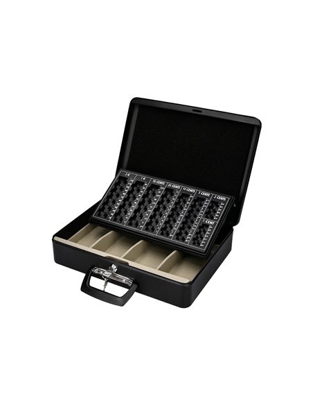Caisse monnaie q-connect structure acier 0.8mm épaisseur plateau amovible espace billets 370x110x290mm coloris noir.