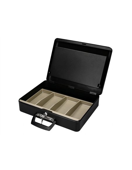Caisse monnaie q-connect structure acier 0.8mm épaisseur plateau amovible espace billets 370x110x290mm coloris noir.