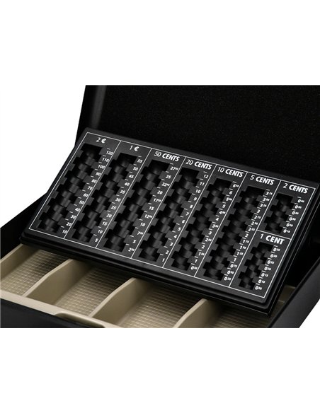 Caisse monnaie q-connect structure acier 0.8mm épaisseur plateau amovible espace billets 370x110x290mm coloris noir.