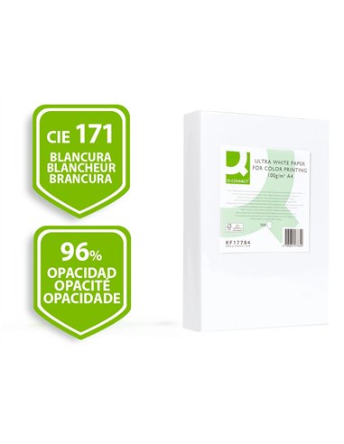 Papier q-connect multifonction ultrawhite a4 100g/m2 blancheur 170 opacité 96 rigidité 60 500 feuilles.