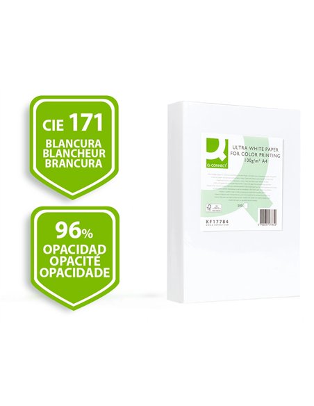 Papier q-connect multifonction ultrawhite a4 100g/m2 blancheur 170 opacité 96 rigidité 60 500 feuilles.