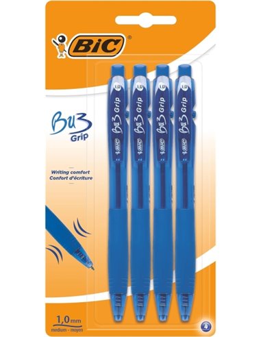 Lot de 4 stylos à bille rétractables Bic Bu3 - Pointe moyenne 1 mm - Course 0,32 mm - Grip caoutchouc - Écriture fluide - Bleu