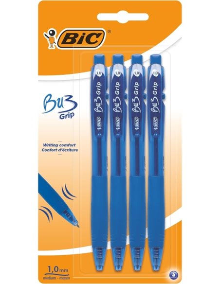Lot de 4 stylos à bille rétractables Bic Bu3 - Pointe moyenne 1 mm - Course 0,32 mm - Grip caoutchouc - Écriture fluide - Bleu