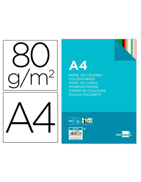 Papier couleur liderpapel multifonction a4 80g/m2 10 coloris assortis paquet 100 feuilles.