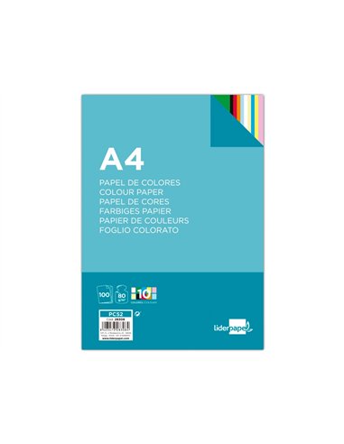 Papier couleur liderpapel multifonction a4 80g/m2 10 coloris assortis paquet 100 feuilles.
