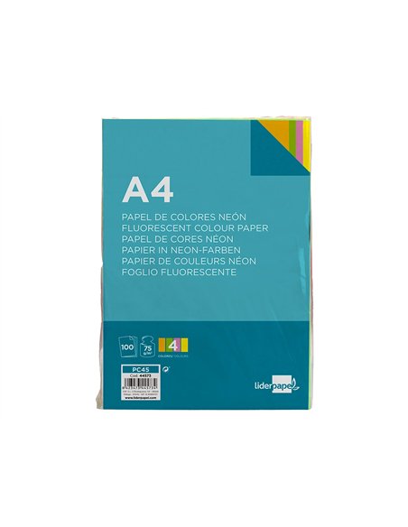 Papier couleur néon liderpapel multifonction a4 75g 4 coloris assortis néons jaune orange rose vert 100f.