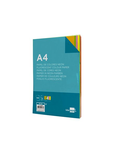 Papier couleur néon liderpapel multifonction a4 75g 4 coloris assortis néons jaune orange rose vert 100f.