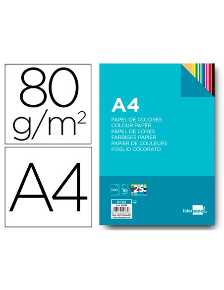 Papier couleur liderpapel multifonction a4 80g/m2 assortiment 25 couleurs paquet 100 feuilles.