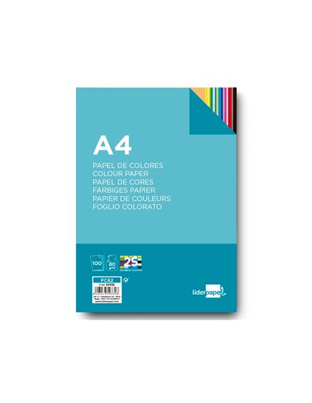 Papier couleur liderpapel multifonction a4 80g/m2 assortiment 25 couleurs paquet 100 feuilles.