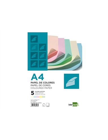 Papier couleur liderpapel multifonction a4 80g/m2 5 coloris assortis jaune bleu crème rose vert 500 feuilles.
