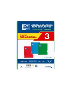 Oxford School Classic Pack 3 - Cahier agrafé Openflex - Couverture plastique A4 - 4x4 avec marge - 48 feuilles - 3 couleurs