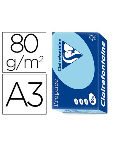 Papier clairefontaine multifonction laser couleur trophe a3 80g/m2 bleu vif parfaite opacite paquet 500.