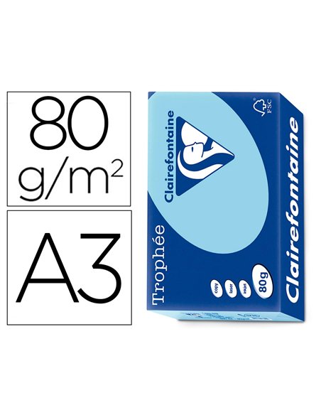 Papier clairefontaine multifonction laser couleur trophe a3 80g/m2 bleu vif parfaite opacite paquet 500.
