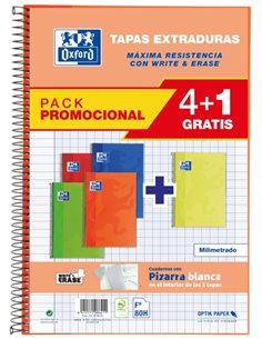 Oxford School Classic Write&Erase Pack 4+1 Fº - Cahier à spirales, couverture extra rigide, avec marges, 80 feuilles, couleurs a