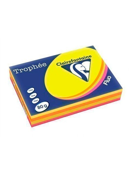 Papier couleur clairefontaine trophée multifonction a4 80g/m2 couleurs assorties fluorescentes paquet 500 feuilles.