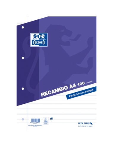 Recharges Oxford School Classic A4 avec marge - Ligné 3,5 mm - 100 feuilles