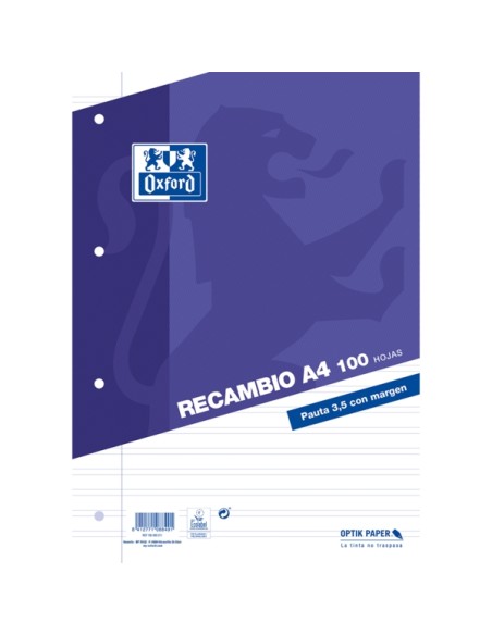 Recharges Oxford School Classic A4 avec marge - Ligné 3,5 mm - 100 feuilles