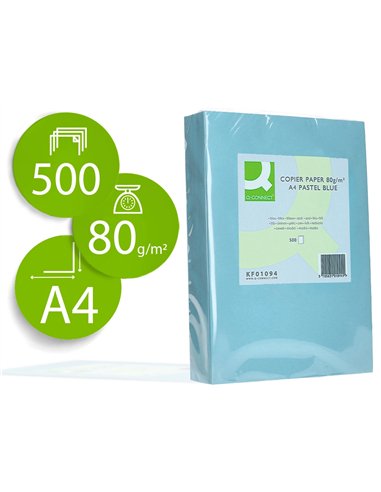 Papier couleur q-connect multifonction a4 80g/m2 unicolore celeste ramette 500 feuilles.