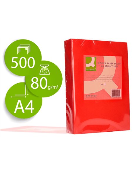 Papier couleur q-connect multifonction a4 80g/m2 unicolore rouge intense ramette 500 feuilles.