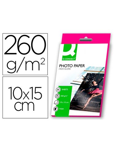 Papier photo q-connect jet d'encre glacé ultra-brillant 100x150mm 260g/m2 compatible toute imprimante paquet 25 feuilles.