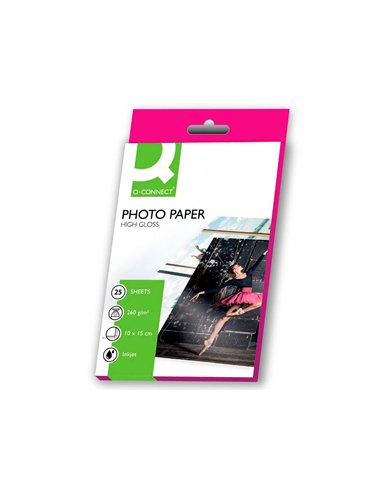Papier photo q-connect jet d'encre glacé ultra-brillant 100x150mm 260g/m2 compatible toute imprimante paquet 25 feuilles.