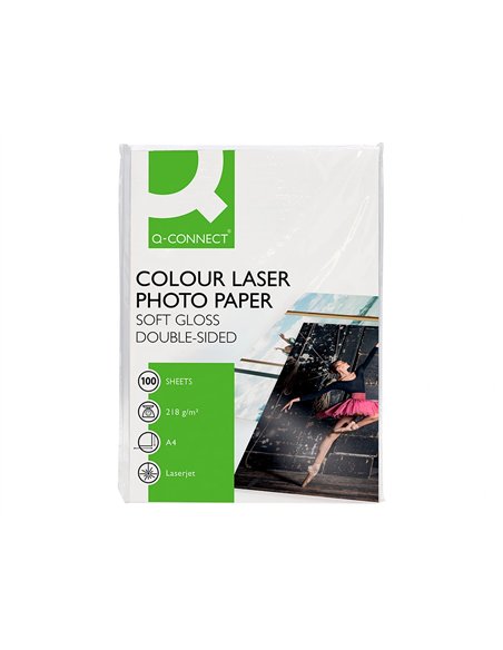 Papier photo q-connect laser semi glacé brillant a4 218g/m2 compatible toutes imprimantes paquet 100 feuilles.