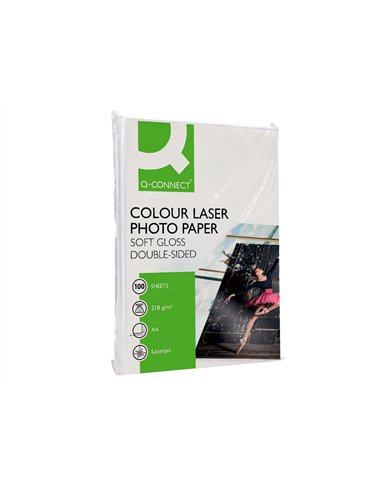 Papier photo q-connect laser semi glacé brillant a4 218g/m2 compatible toutes imprimantes paquet 100 feuilles.