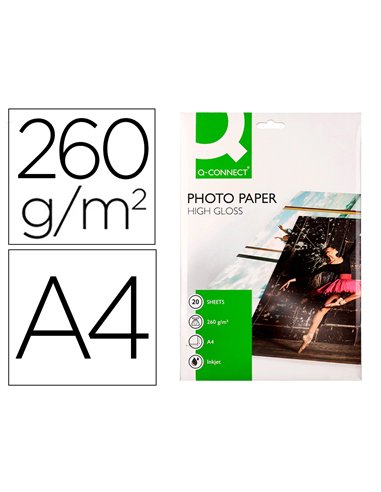 Papier photo q-connect jet d'encre glacé ultra-brillant a4 260g /m2 compatible toute imprimante paquet 20 feuilles.