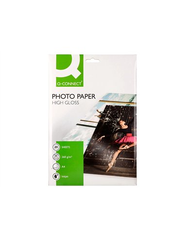 Papier photo q-connect jet d'encre glacé ultra-brillant a4 260g /m2 compatible toute imprimante paquet 20 feuilles.