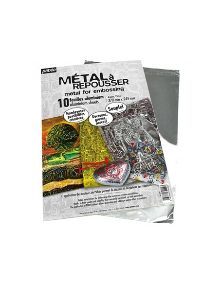 Pochette feuilles aluminium metal a repousser graine creative 40x30cm 10 feuilles coloris argent.