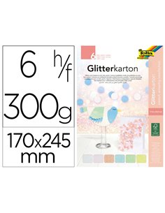 Carton a paillettes folia basic 300g/m2 bloc colle en tete 170x245mm coloris assortis pastel 6 feuilles.