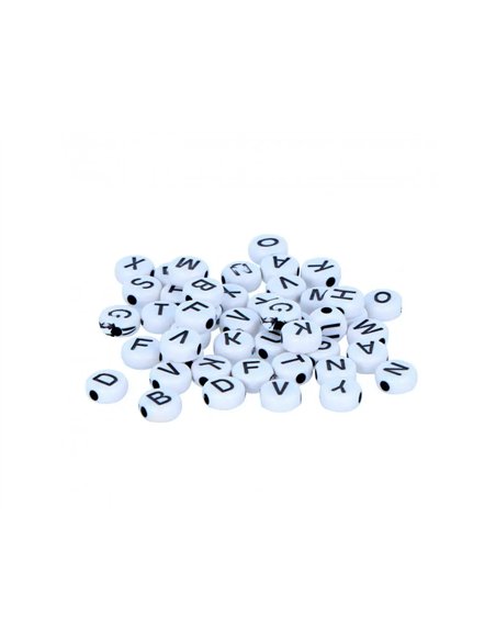 Perle plastique innspiro forme ronde plate 6mm imprimee alphabet noir sur fond blanc lot de 300 perles.