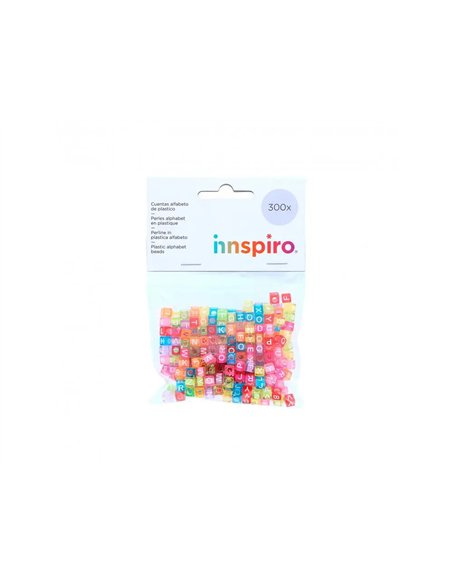 Perle plastique innspiro forme carree 6mm imprimee alphabet blanc coloris transparents pastels assortis.