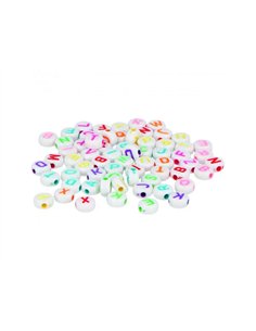 Perle plastique innspiro forme ronde plate 7mm imprimee alphabet couleur sur fond blanc lot de 1200 perles.